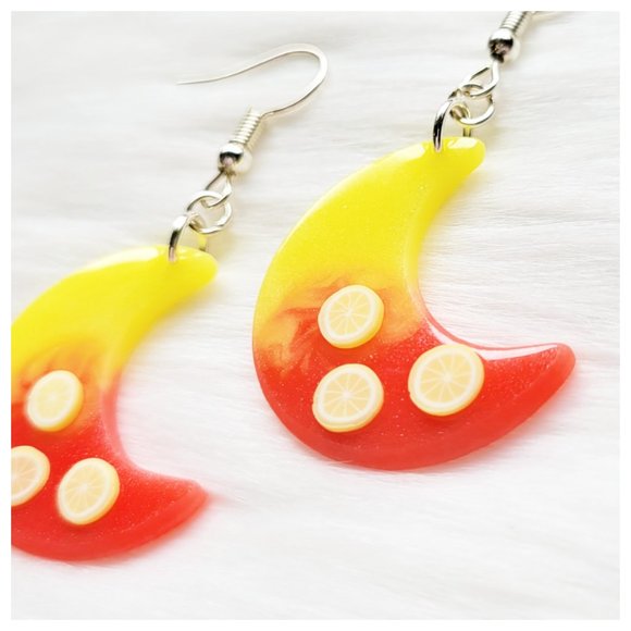 Strawberry Lemonade Earrings Yellow and Pinkish Red Moon Lemon Dangle Earrings - Picture 5 of 10